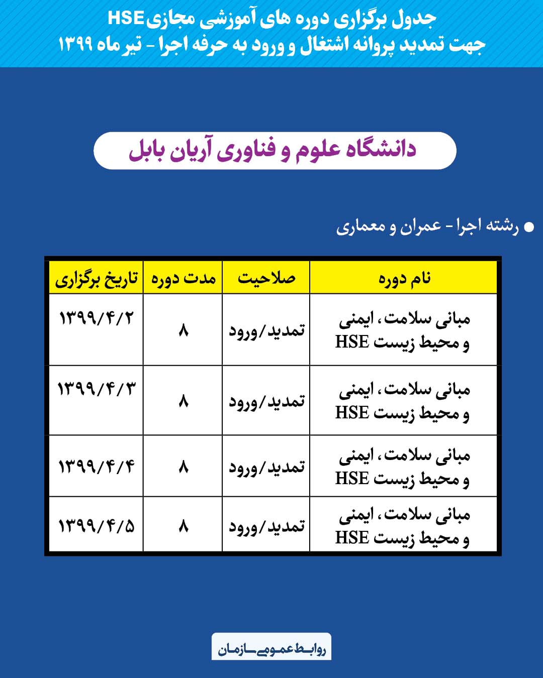 جدول برگزاری دوره‌های آموزشی مجازی HSE جهت تمدید پروانه اشتغال و ورود به حرفه اجرا - تیر ماه ۹۹